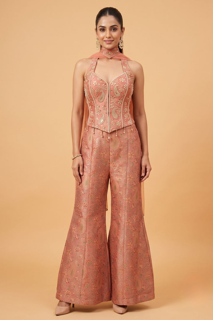 Peach Halter Neck Palazzo Salwar Suit with Multicolor Brocade and Sequins Detailing