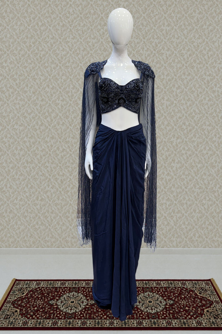 Navy Blue Indo-Western Styled Beads and Sequins work Crop Top and Cowl Skirt