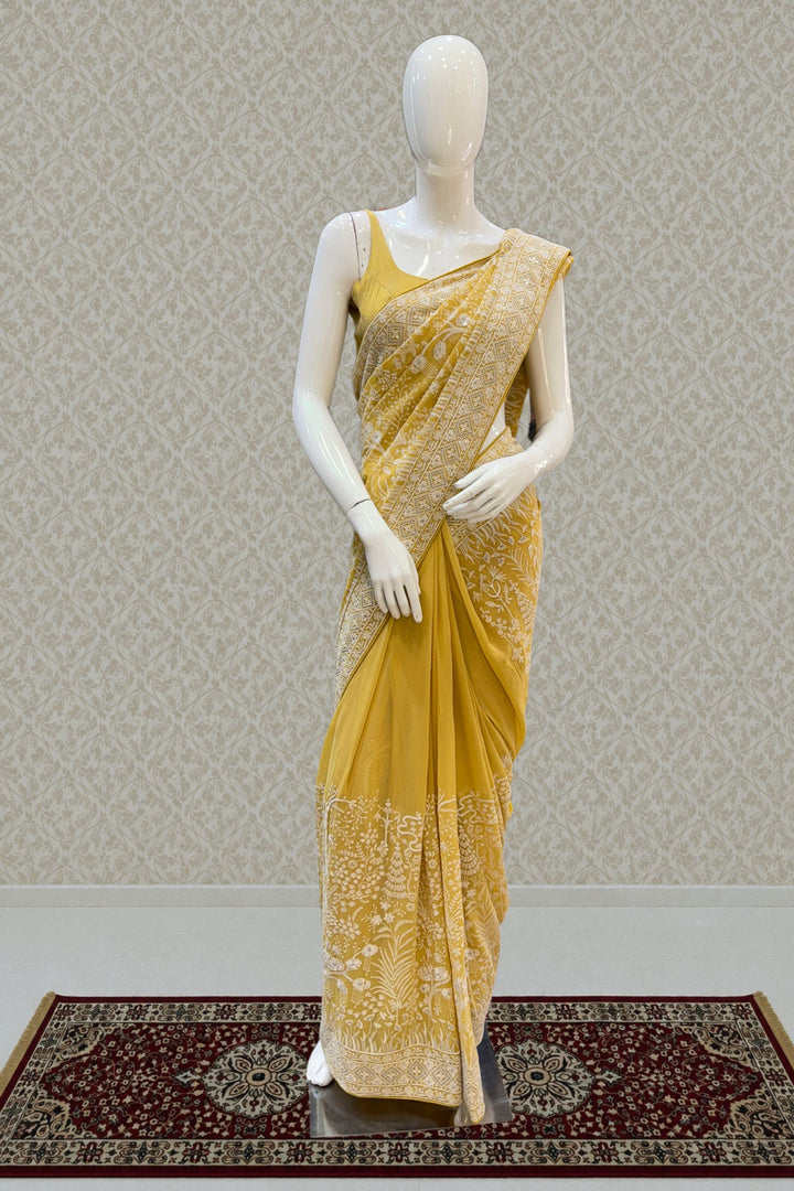 Yellow Zari, Embroidery and Sequins work Saree