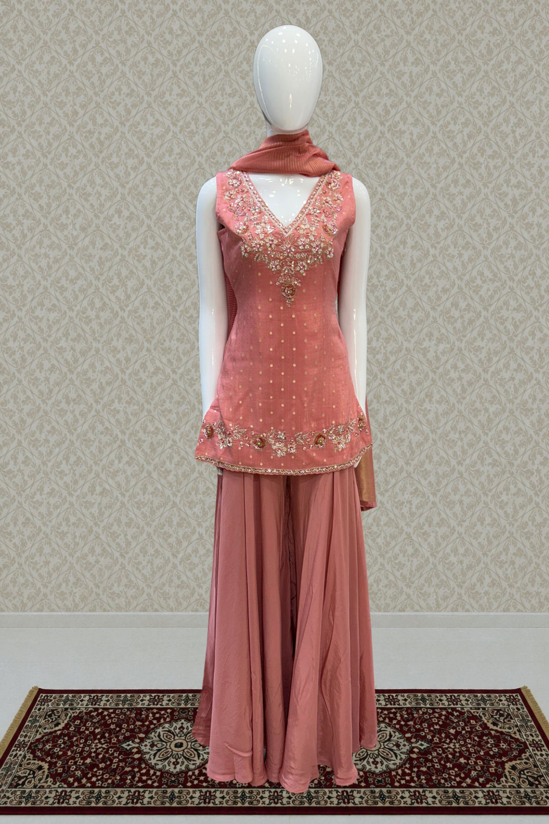 Peach Banaras Zari, Beads, Sequins, Mirror, Stone and Zardozi work Palazzo Salwar Suit