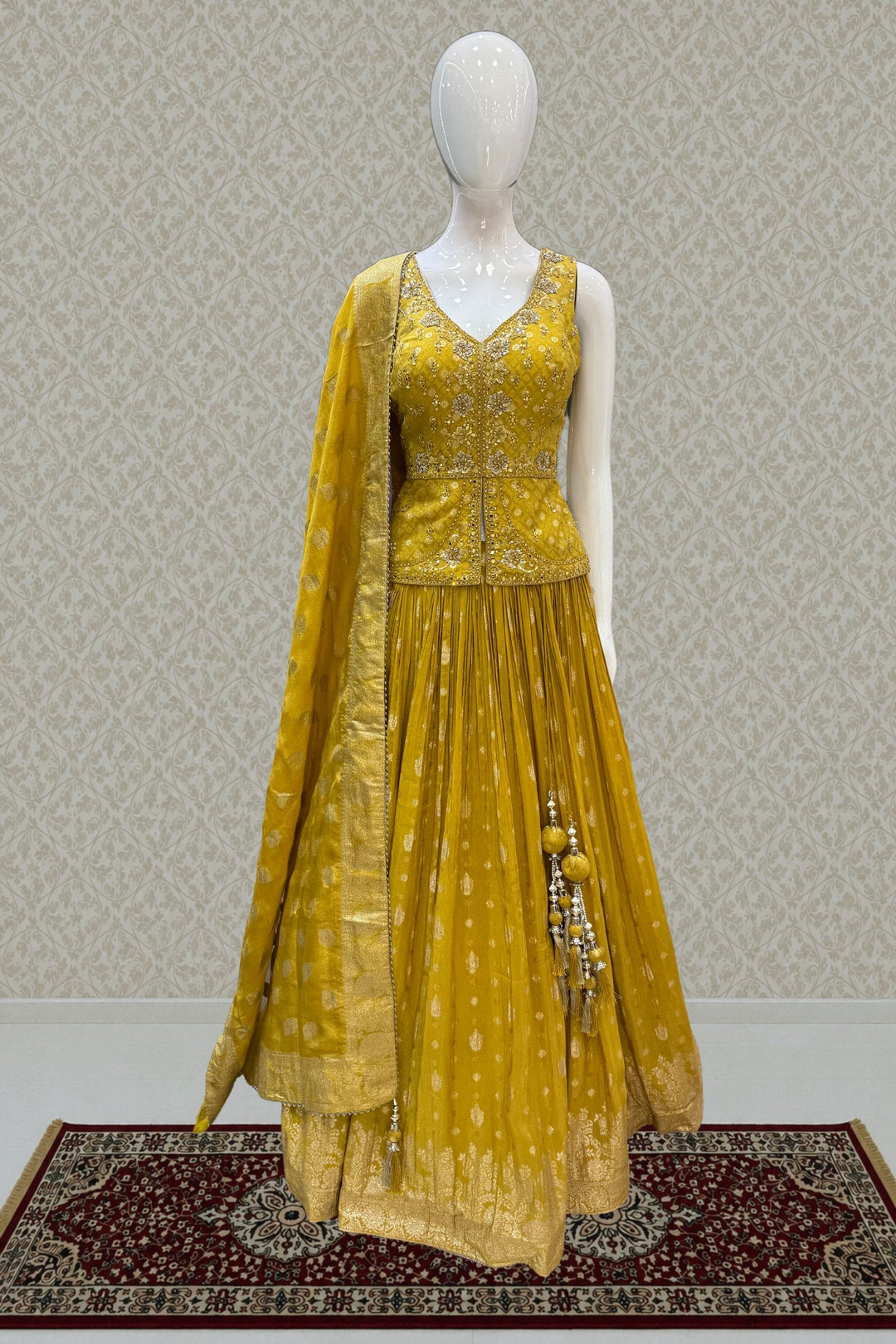 Yellow Mirror, Stone, Sequins, Zari, Beads and Banaras work Top with Lehenga