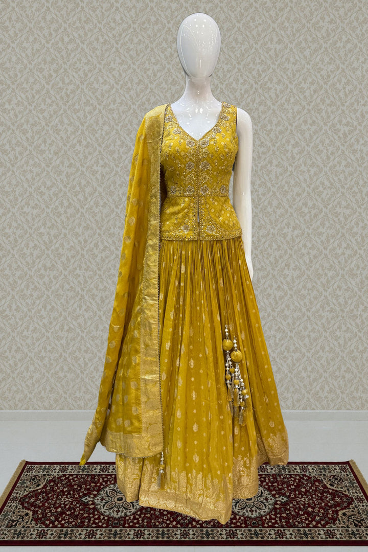 Yellow Mirror, Stone, Sequins, Zari, Beads and Banaras work Top with Lehenga