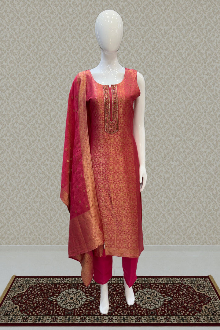 Pink Zardozi, Stone, Beads, Sequins and Brocade work Straight Cut Salwar Suit