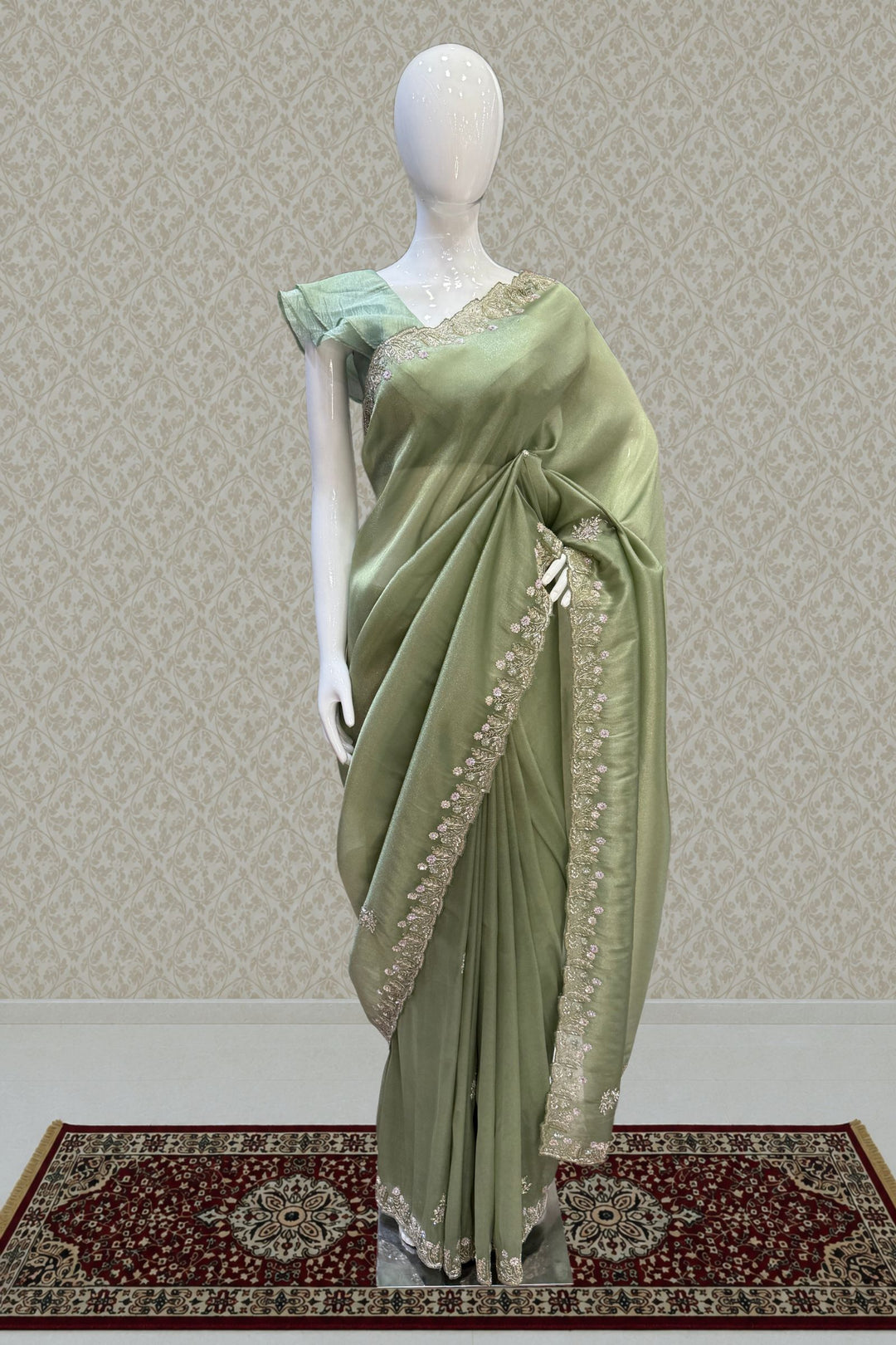 Pista Green Stone, Sequins, Zardozi and Beads work Saree