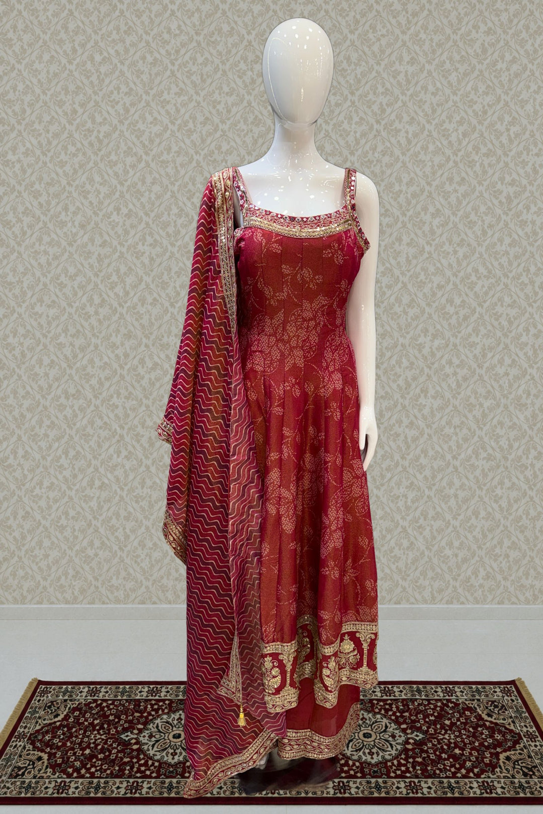 Pinkish Red Beads work with Digital Print Anarkali Style Salwar Suit with Palazzo Pant