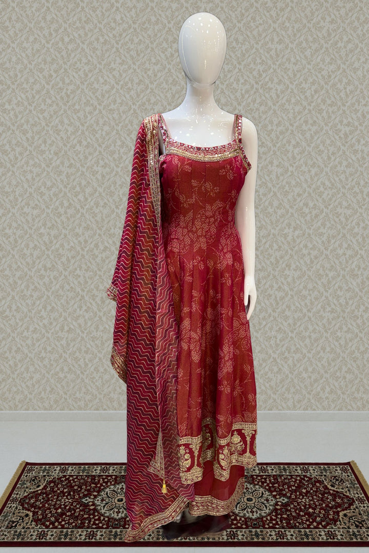 Pinkish Red Beads work with Digital Print Anarkali Style Salwar Suit with Palazzo Pant