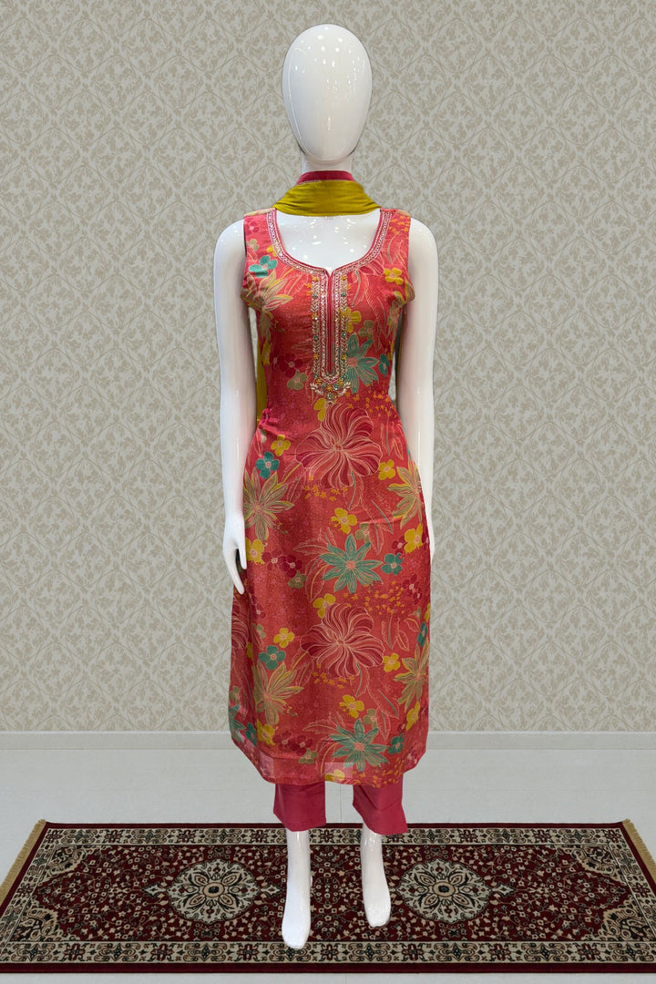 Pinkish Red Zardozi, Beads, Sequins and Stone work with Floral Print Straight Cut Salwar Suit
