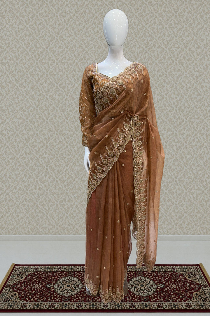 Mustard Pearls, Beads and Multicolor Thread work with Self Print Saree