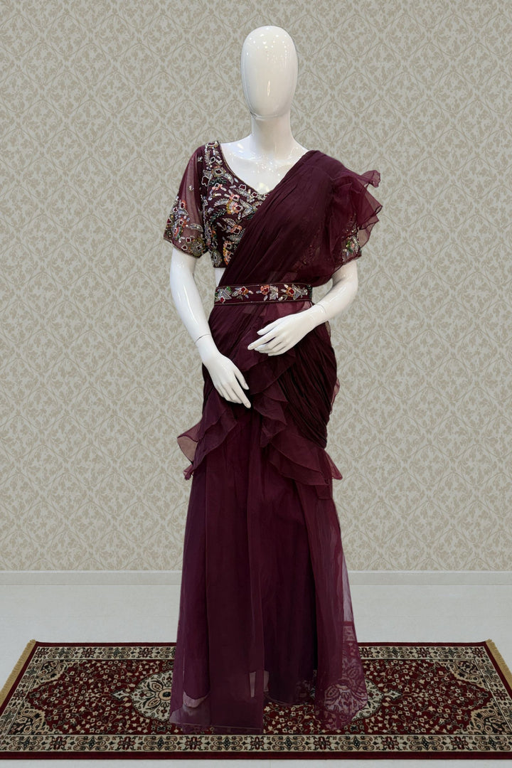 Wine Readymade Saree with Beads, Thread and Stone work Readymade Blouse