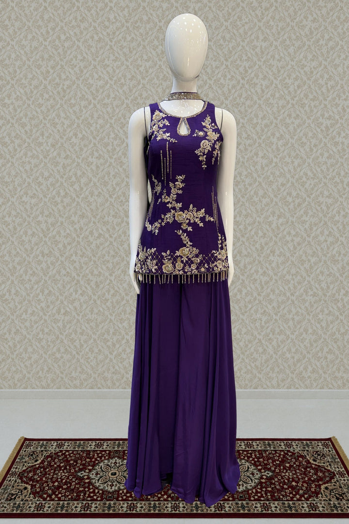 Purple Zardozi, Stone, Beads, Sequins and Pearl work Palazzo Salwar Suit