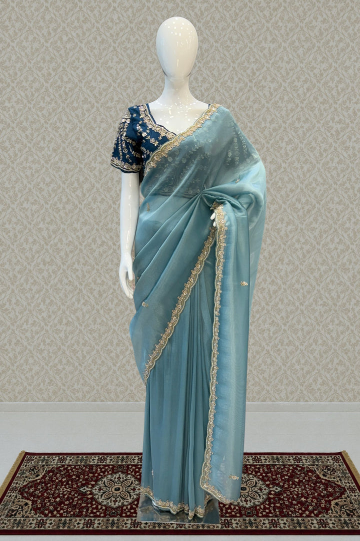 Firozi Blue Beads, Sequins, Zari and Pearls work Saree