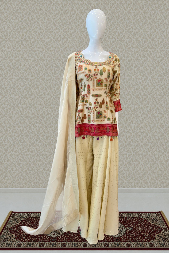 Beige Beads, Mirror, Zardozi and Banaras work Palazzo Salwar Suit