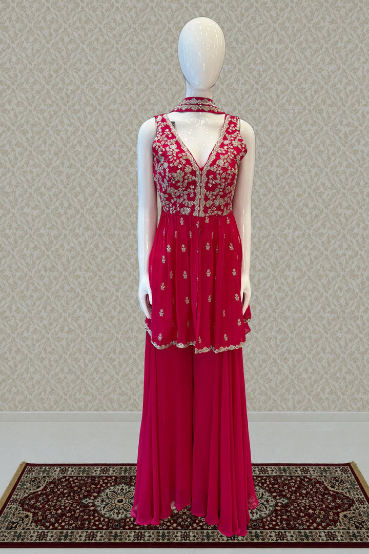 Rani Pink Flowy Palazzo with Zari, Sequins and Beads work with Choker Dupatta
