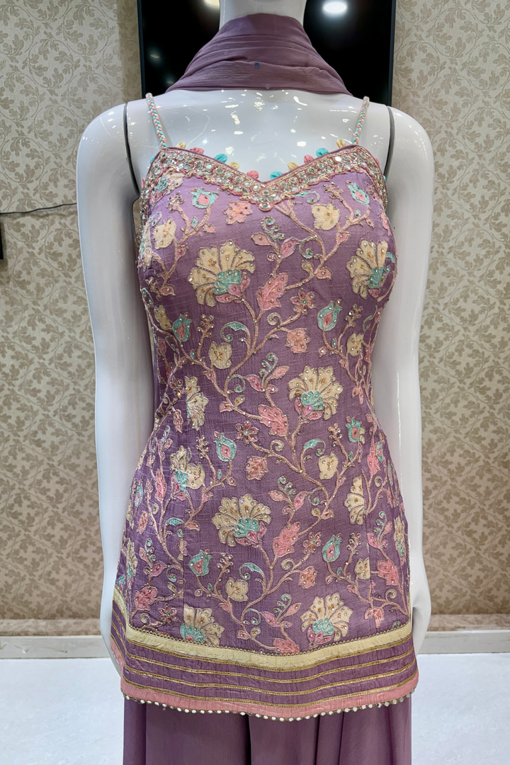 Lavender Zardozi, Mirror and Beads work with Multicolor Digital Print Palazzo Salwar Suit