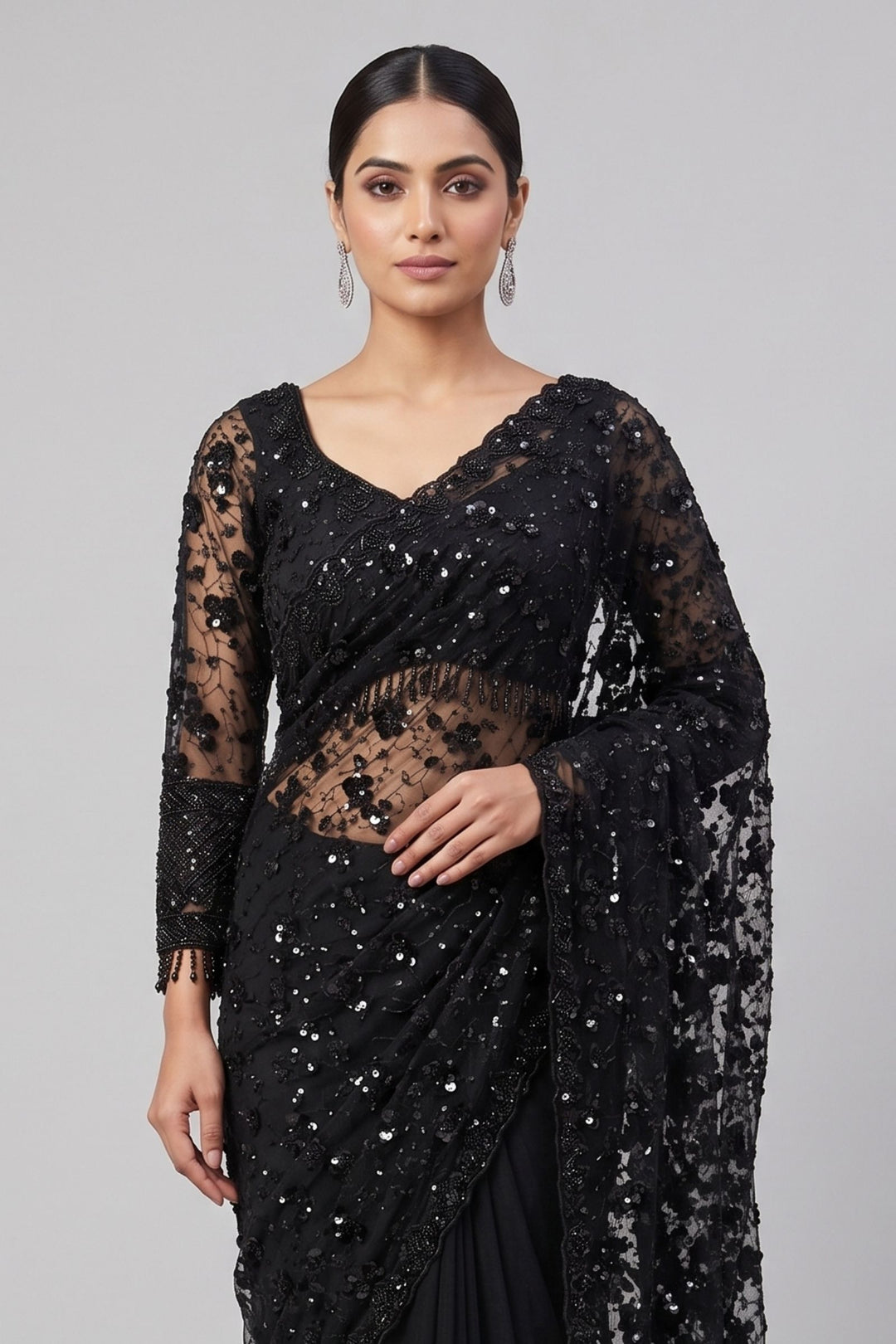 Black Beads and Sequins work Saree with Designer Blouse