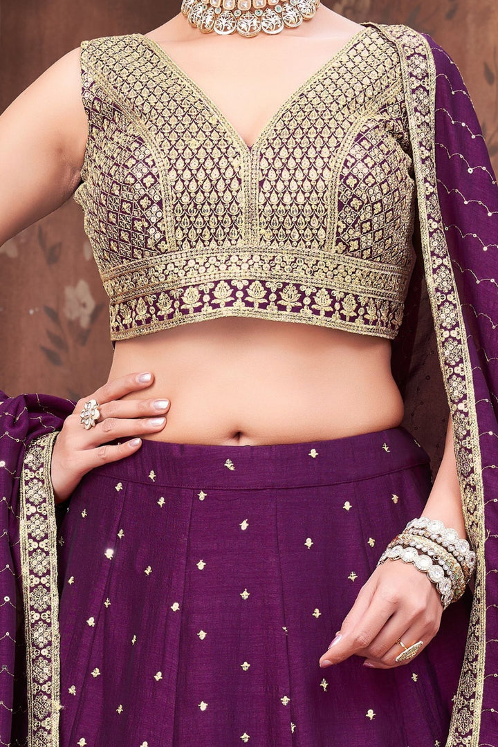Wine Sequins and Zari work Crop Top Lehenga