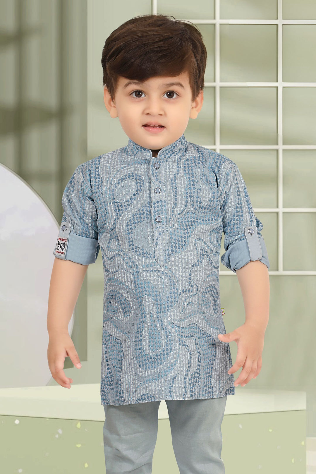Light Blue Sequins and Thread work Kurta Set for Boys