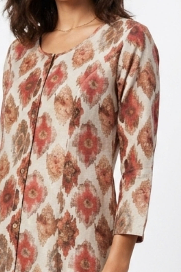 Beige with Red Digital Print A-Line Cut Calf Length Kurti