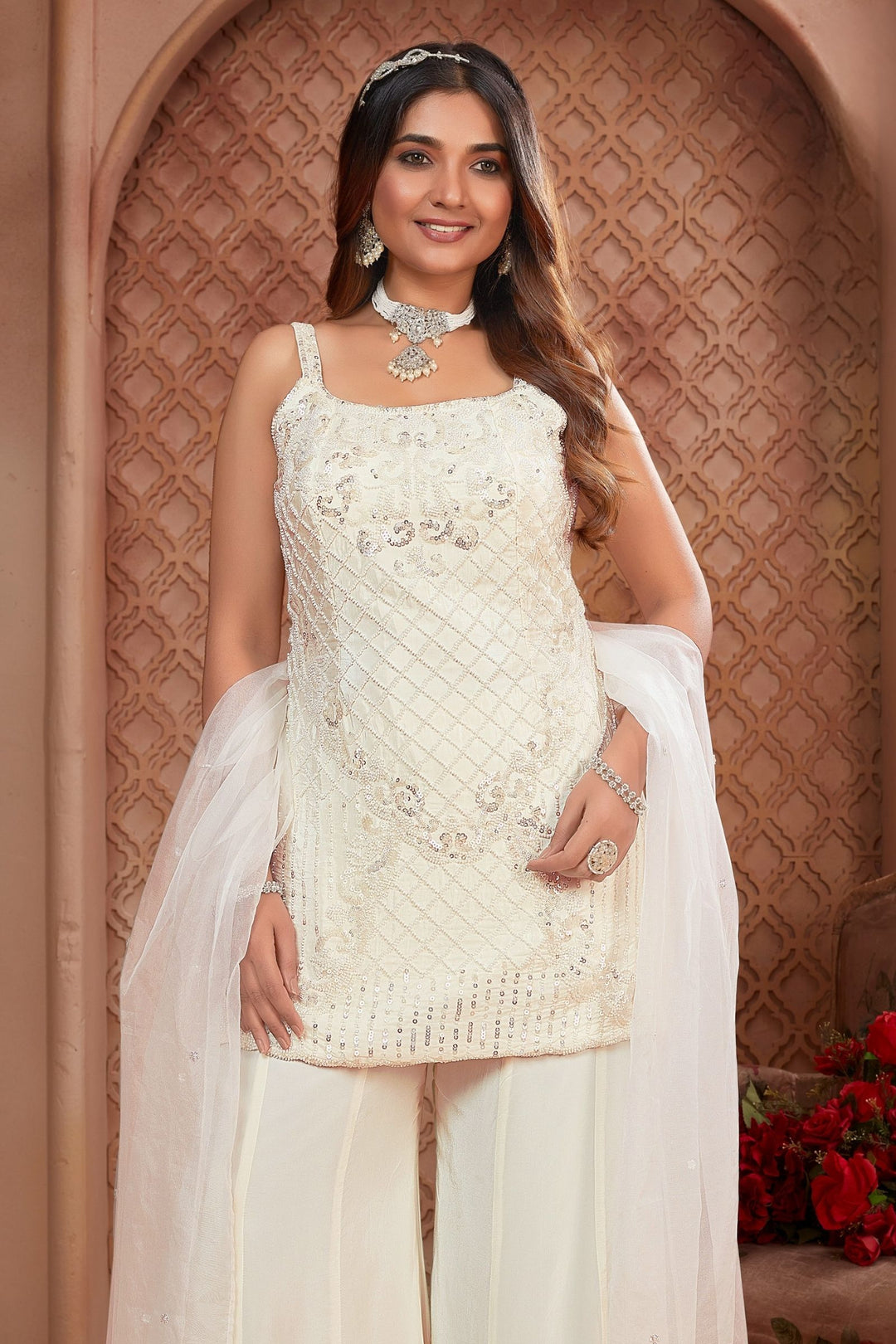 Cream Sequins and Beads work Palazzo Salwar Suit