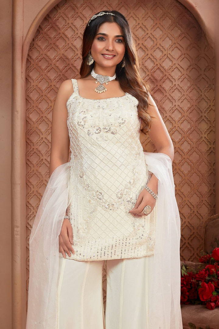 Cream Sequins and Beads work Palazzo Salwar Suit