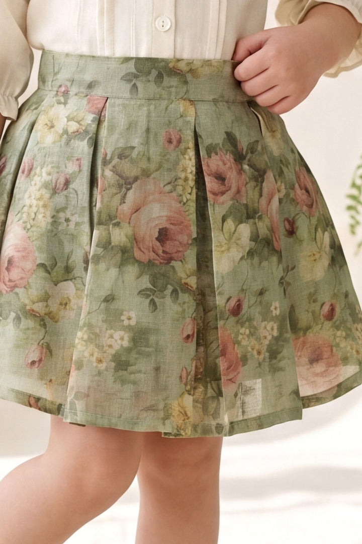 Green Floral Skirt and Beige Embroidered Shirt Set for Girls