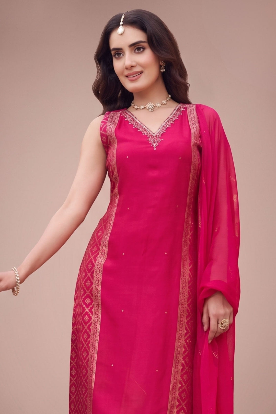 Rani Pink Banaras, Stone, Zardozi, Mirror and Thread work Straight Cut Salwar Suit