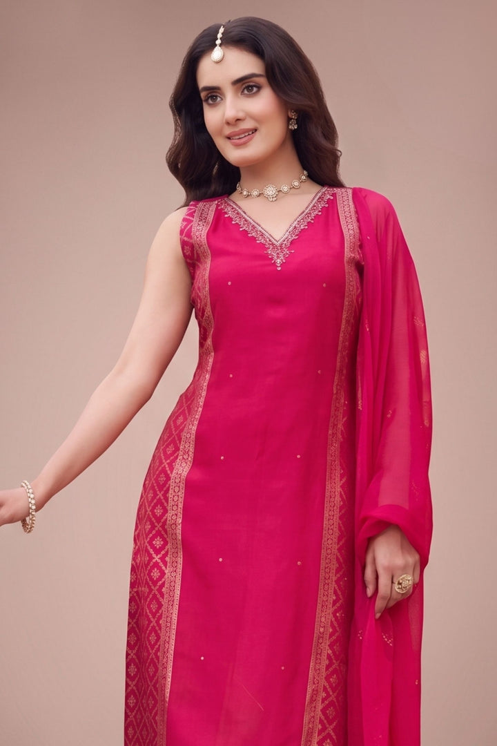 Rani Pink Banaras, Stone, Zardozi, Mirror and Thread work Straight Cut Salwar Suit