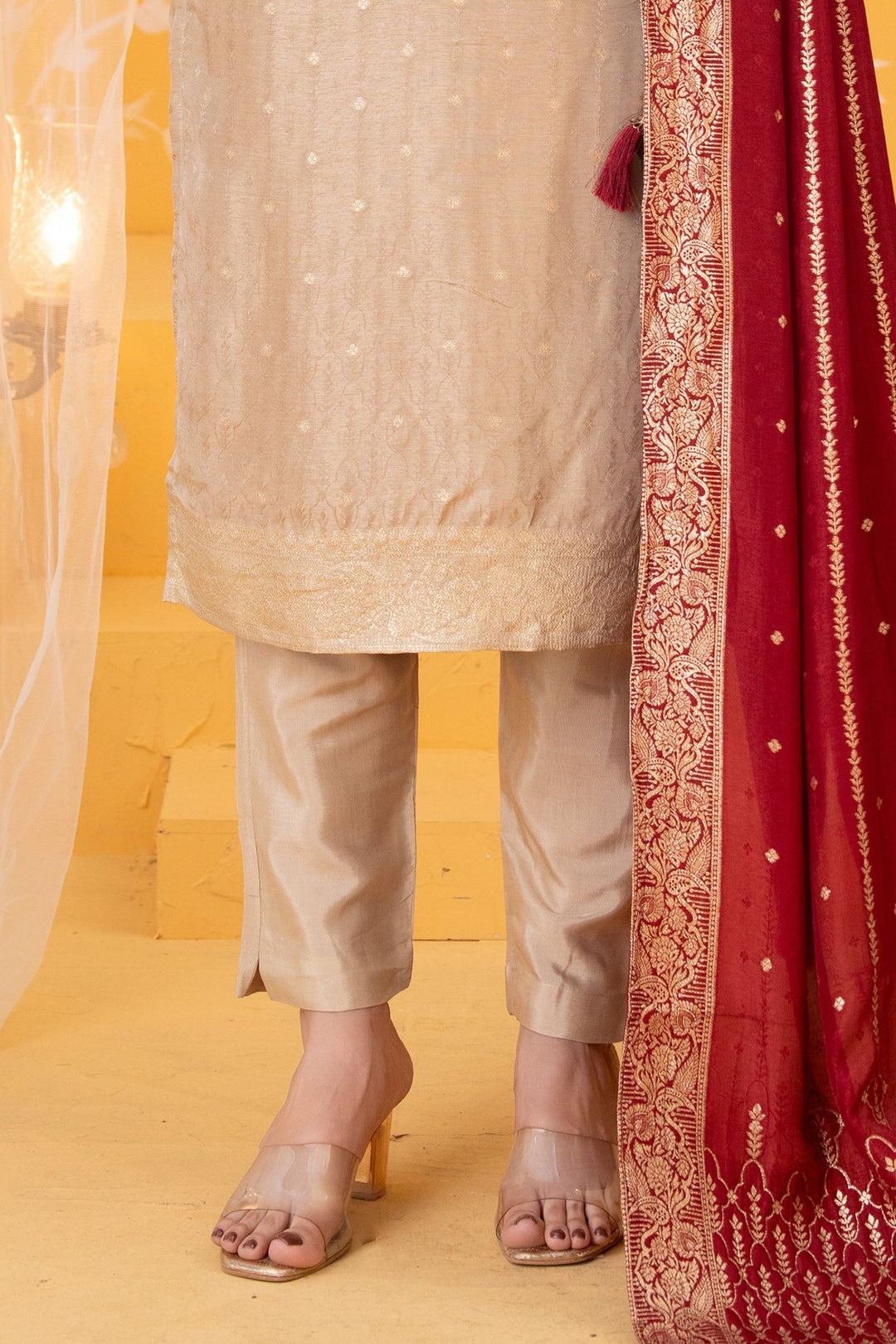 Beige Beads, Stone and Zardozi work Straight Cut Salwar Suit with Banaras work Dupatta