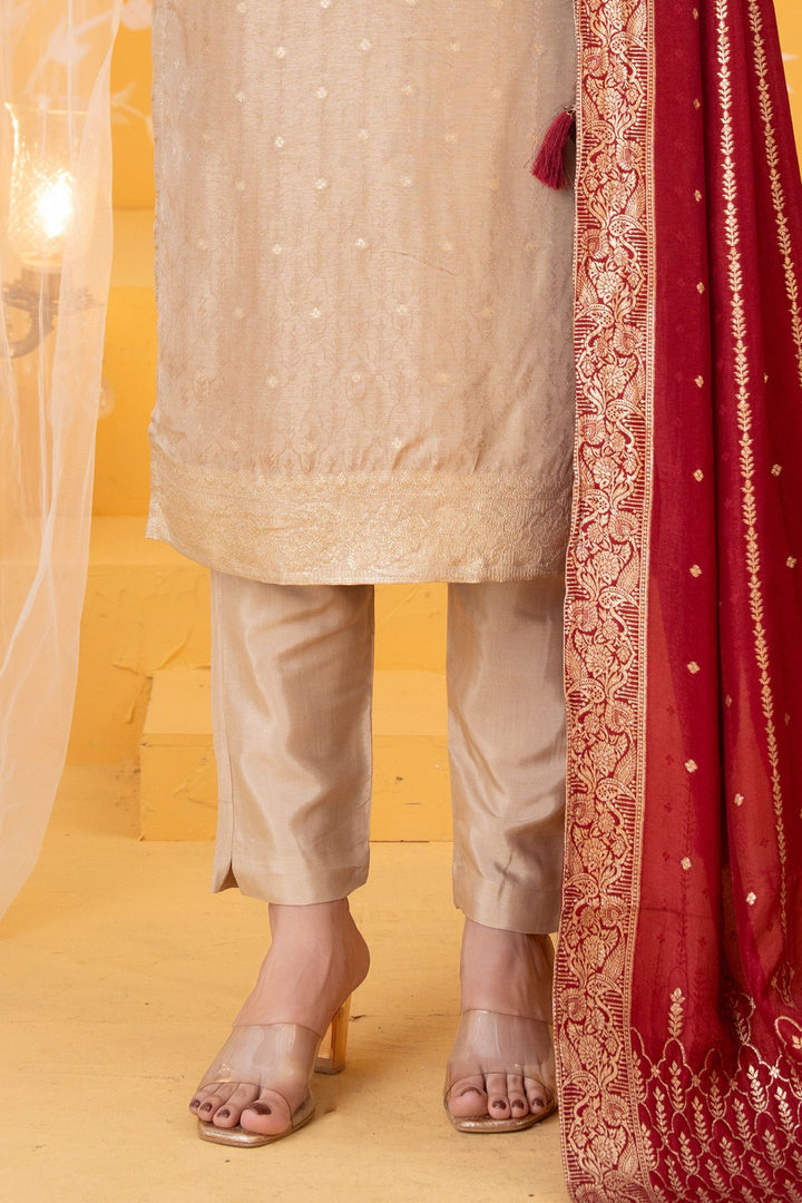 Beige Beads, Stone and Zardozi work Straight Cut Salwar Suit with Banaras work Dupatta