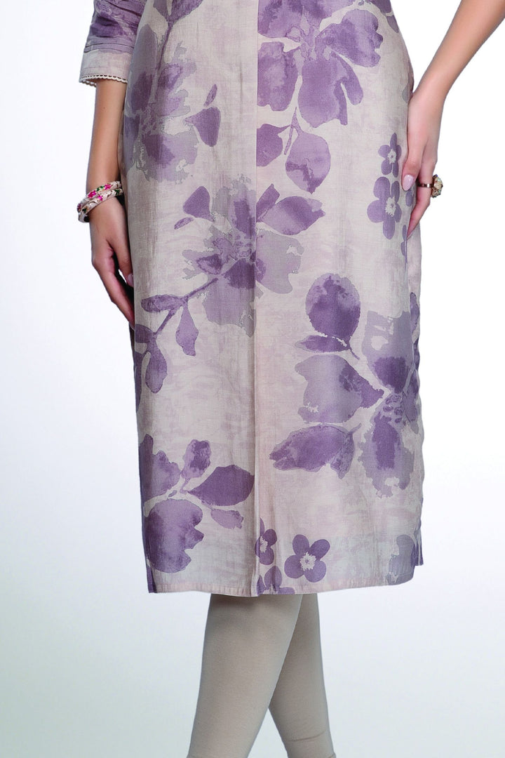 Beige with Purple Digital Print Calf Length Kurti
