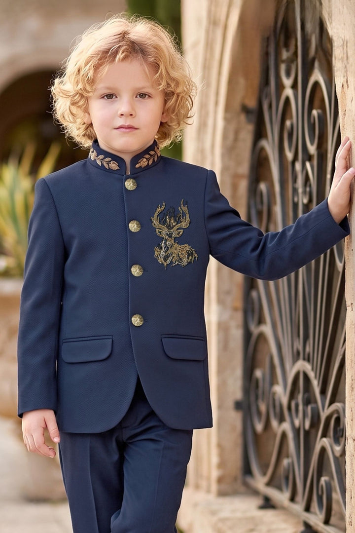 Navy Blue Deer Stone Motif Jodhpuri Suit for Boys