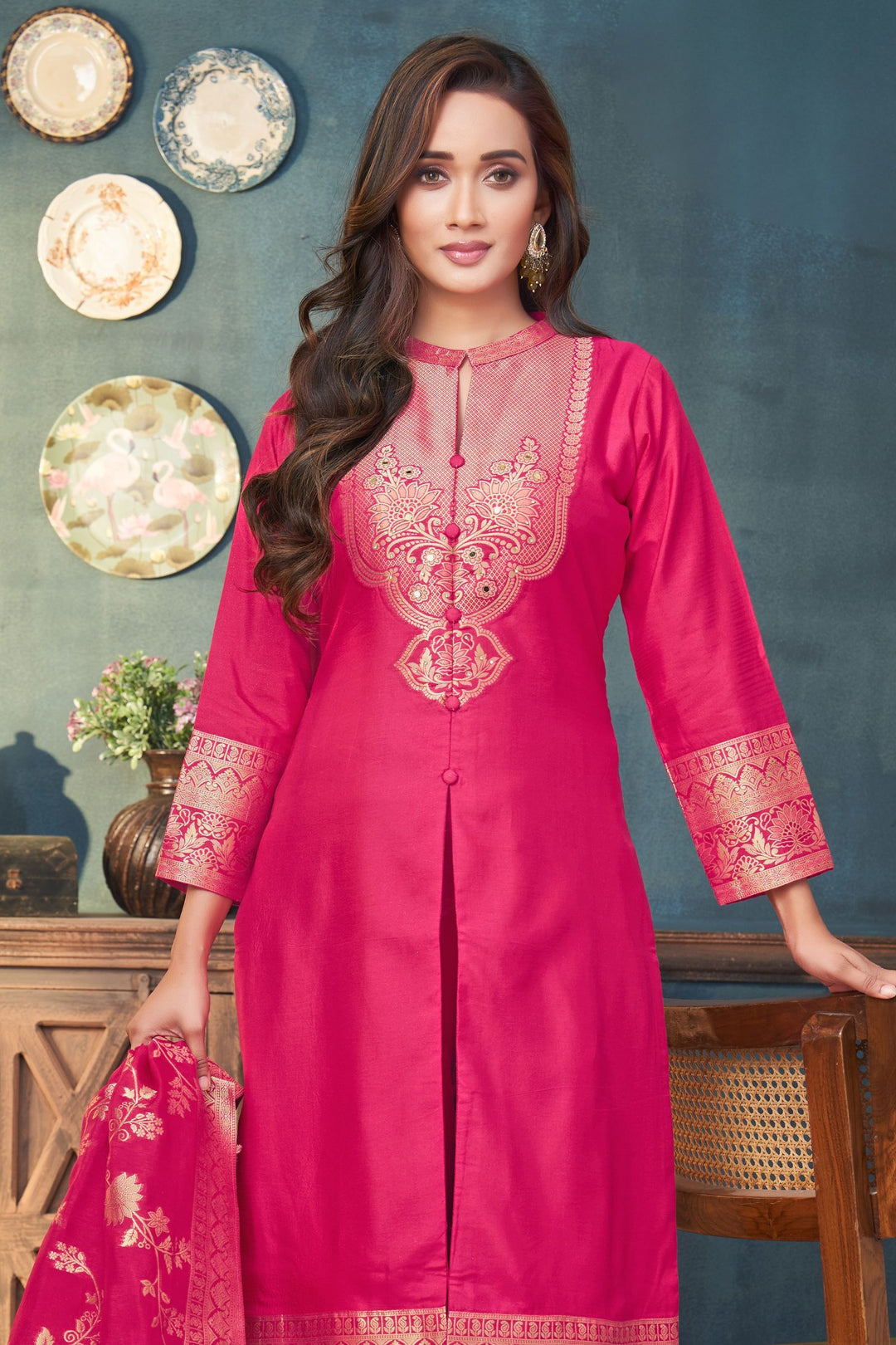 Rani Pink Straight Cut Salwar Suit with Stone, Mirror and Banaras work