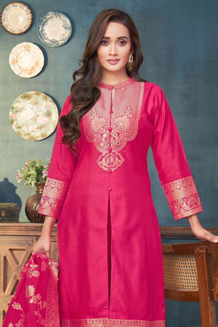 Rani Pink Straight Cut Salwar Suit with Stone, Mirror and Banaras work