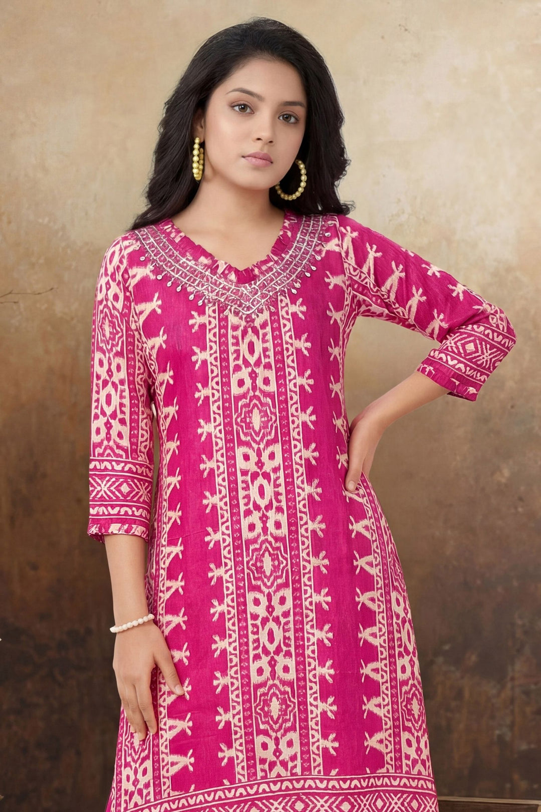 Rani Pink Mirror work with Digital Print Anarkali Styled Salwar Suit for Girls