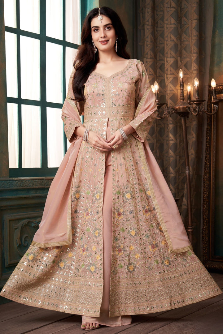 Baby Pink Sequins, Zari and Multicolor Thread work Palazzo Salwar Suit