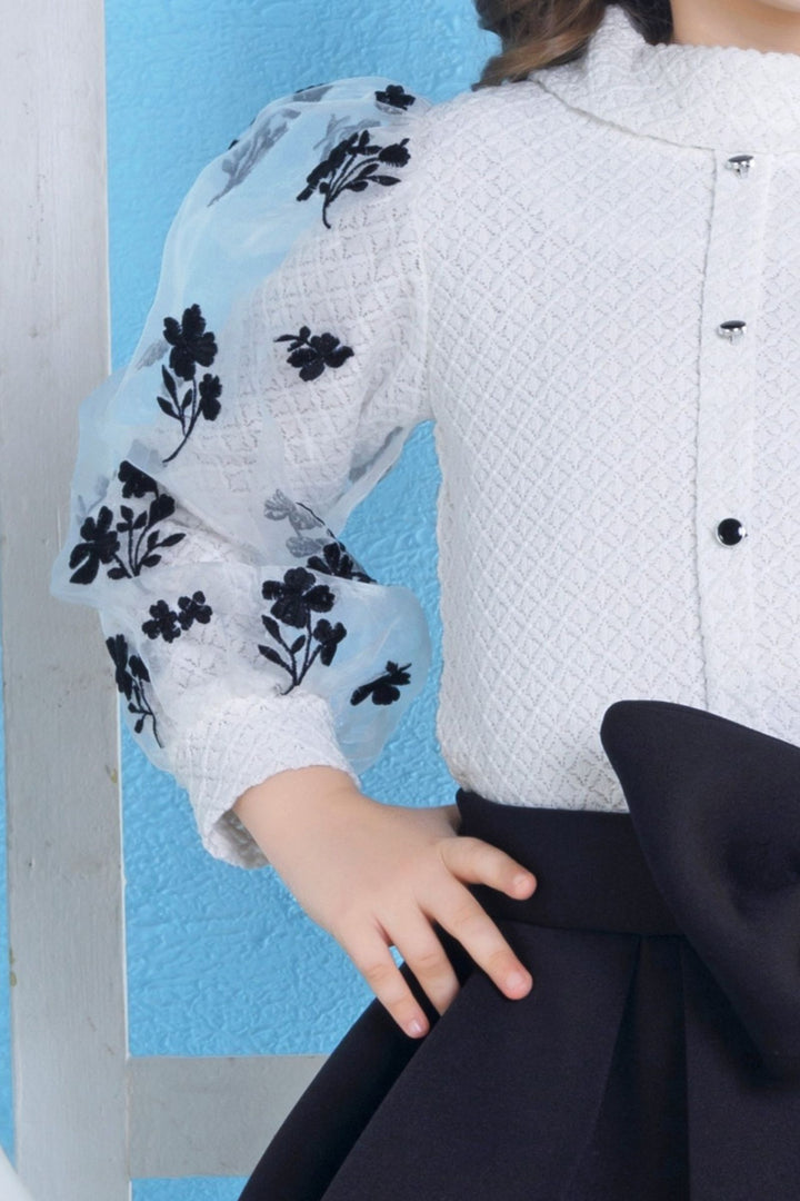 White with Black Velvet Embroidery work Top and Skirt for Girls