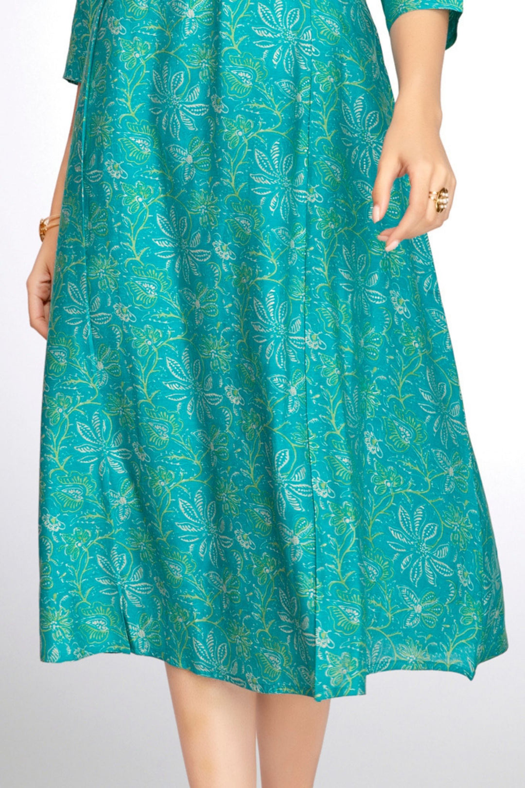 Sky Blue Mirror and Thread work with Digital Print A-Line Cut Calf Length Kurti