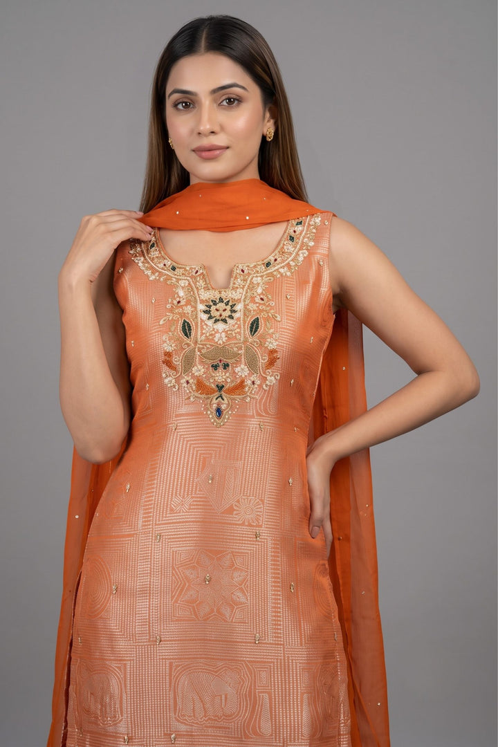Orange Zardozi, Stone, Sequins, Beads and Thread work Palazzo Salwar Suit