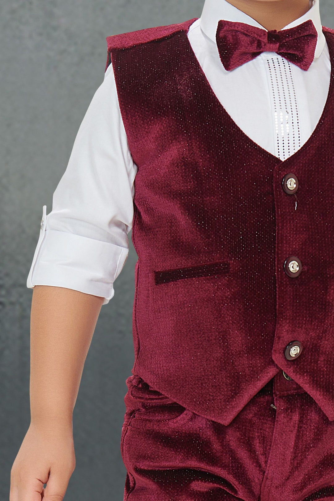 Maroon with White Waist Coat, Shirt and Suspender Style Pant Set for Boys