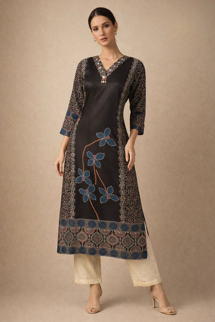 Black Beads work with Ajrakh Print Calf Length Kurti