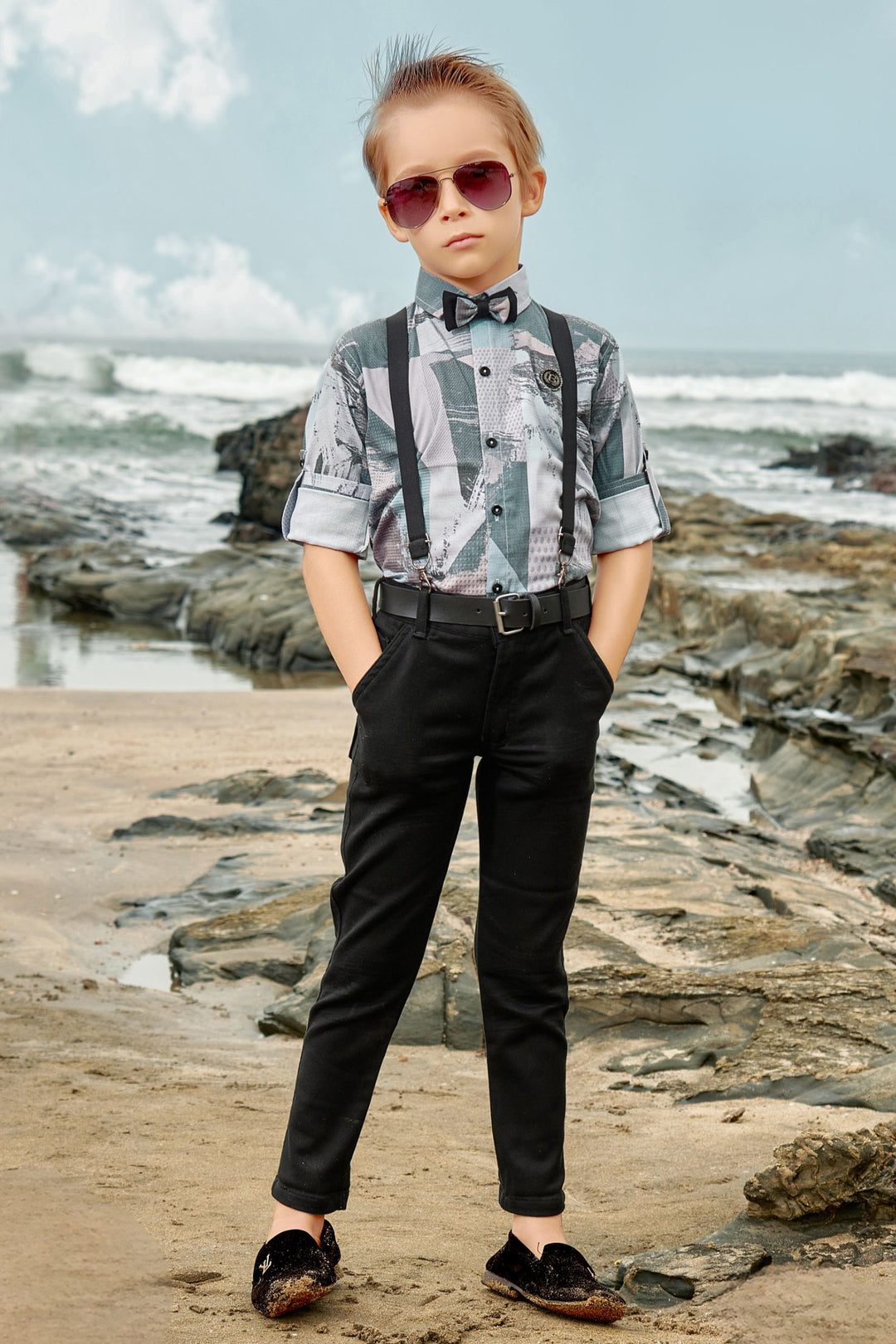Multicolor Printed with Black Suspender Style Pant Shirt Set for