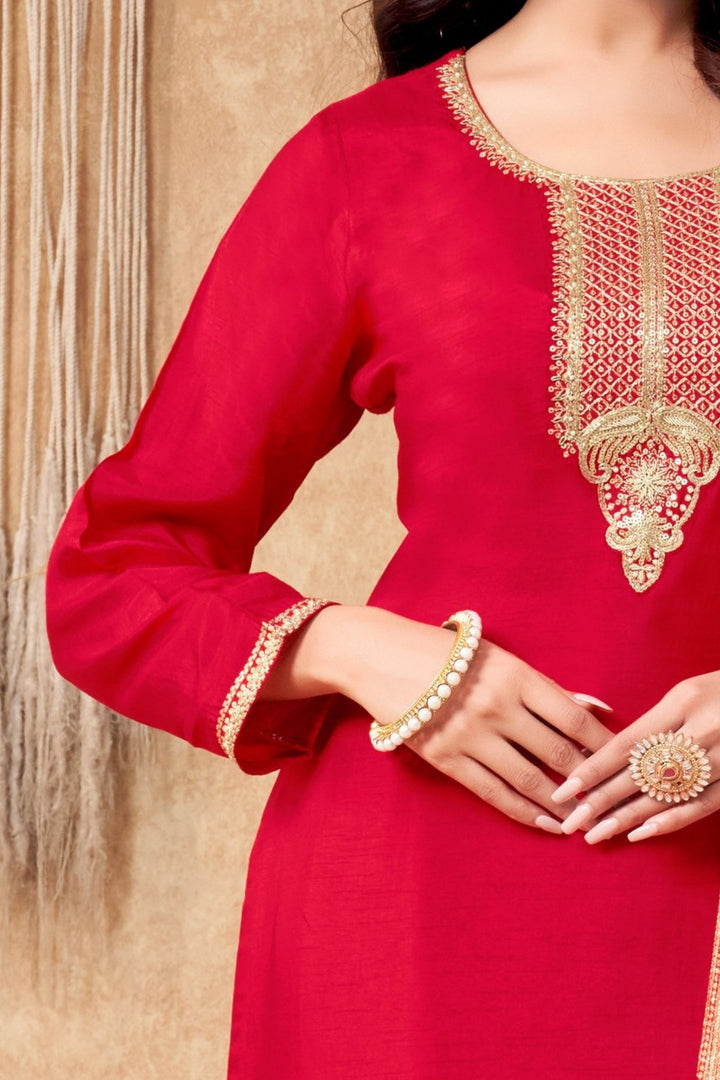 Red Sequins, Zari, Beads and Zardozi work Straight Cut Salwar Suit