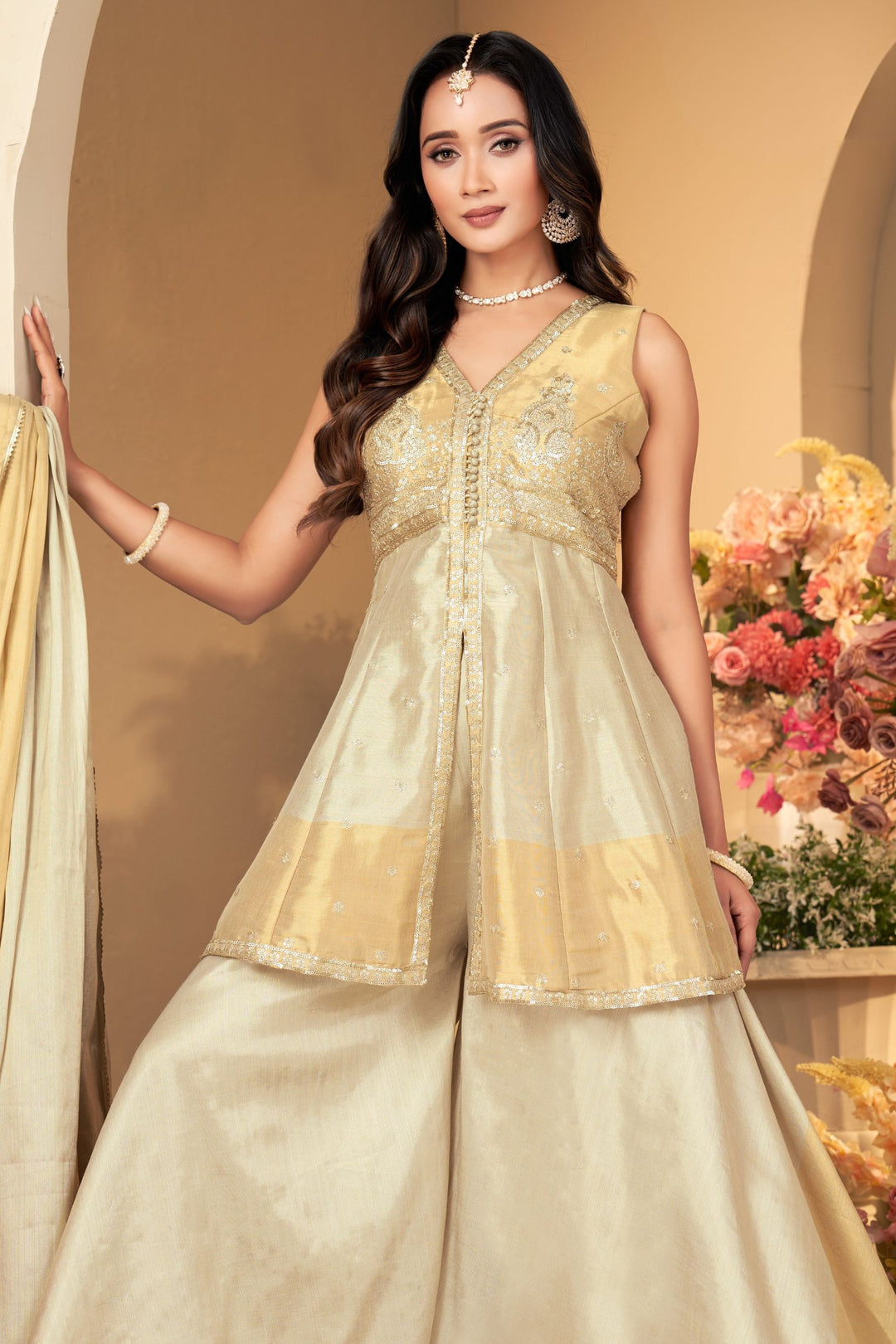 Gold with Beige Sequins and Zari work Peplum Top with Palazzo Suit Set