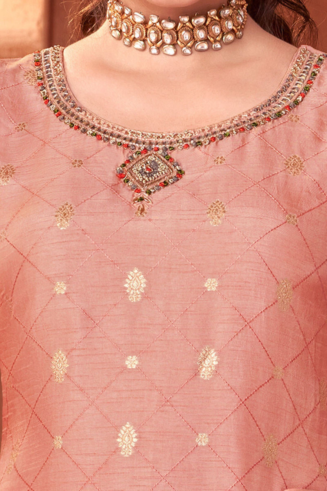 Peach Banaras, Thread, Mirror and Zardozi work Straight Cut Salwar Suit