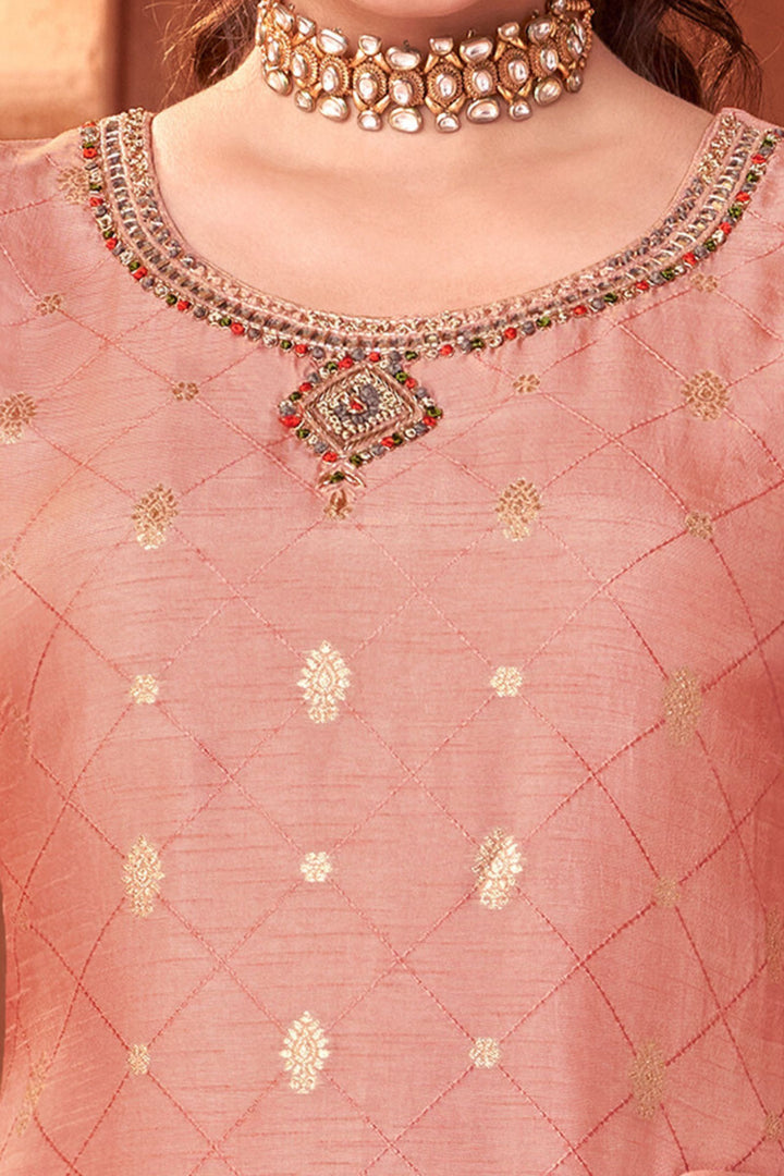 Peach Banaras, Thread, Mirror and Zardozi work Straight Cut Salwar Suit