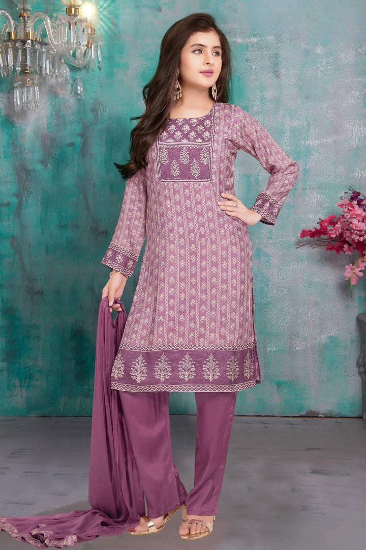 Purple Sequins and Beads work with Printed Straight Cut Salwar Suit for Girls
