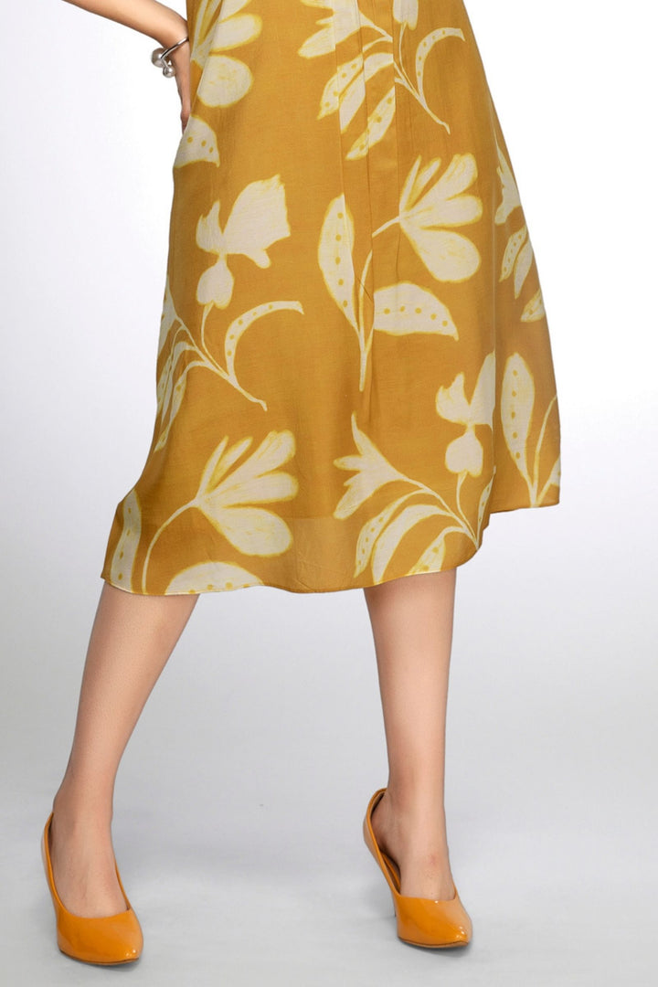 Mustard Beads and Thread work with Digital Print A-line Cut Calf Length Kurti