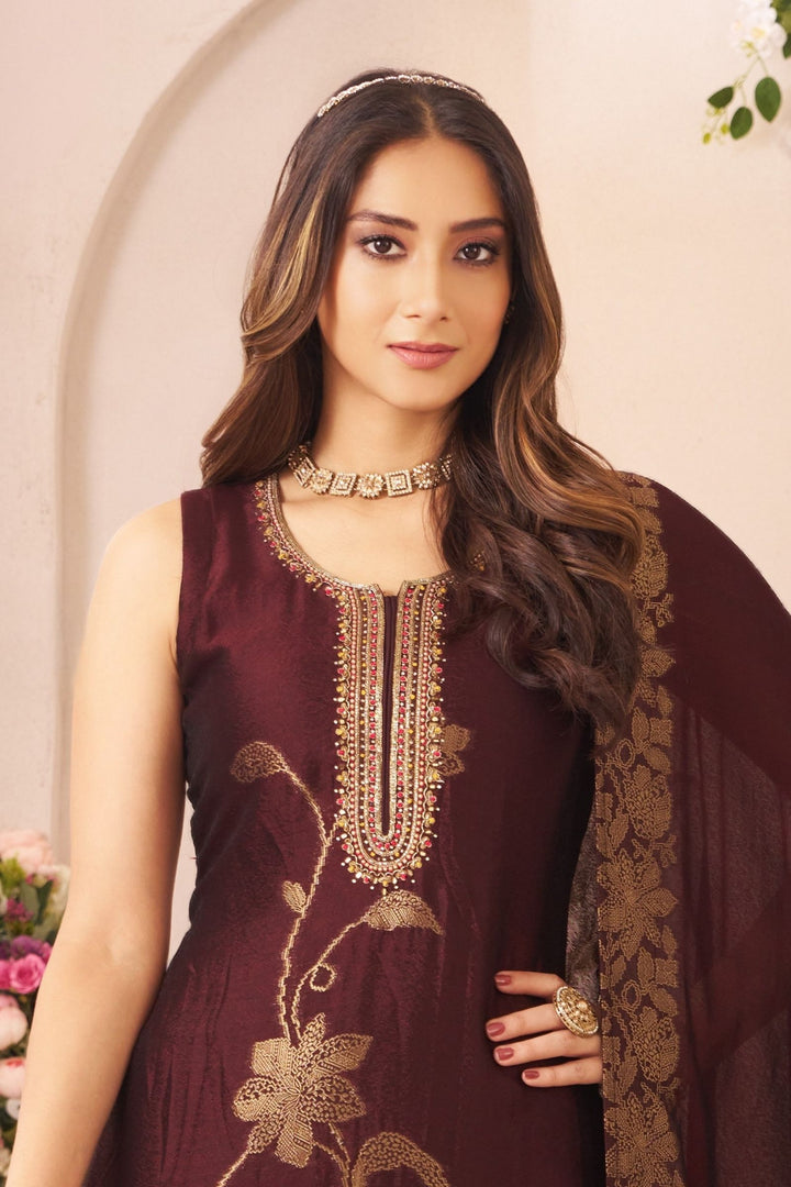 Dark Wine Banaras, Beads, Mirror and Stone work Straight Cut Salwar Suit