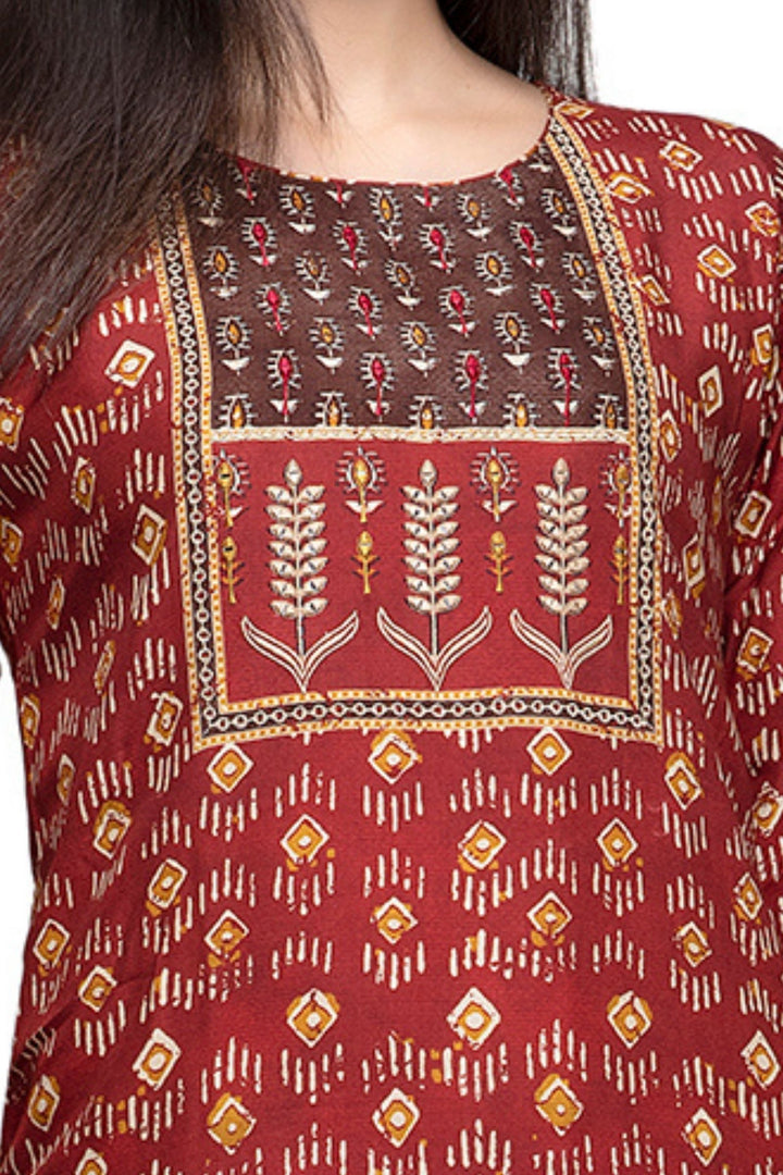 Brick Red with Coffee Brown Digital Print Calf Length Kurti