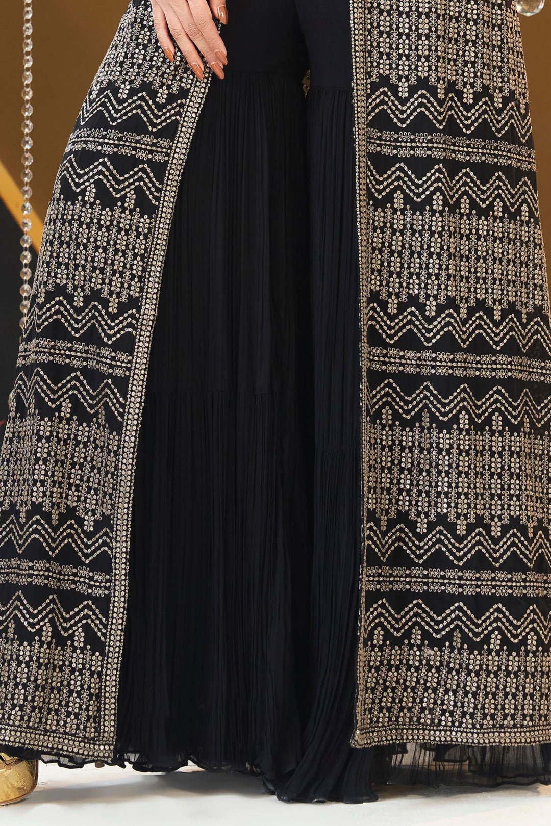 Black Sequins, Zari and Beads work Crop Top with Long Over Coat Palazzo Set